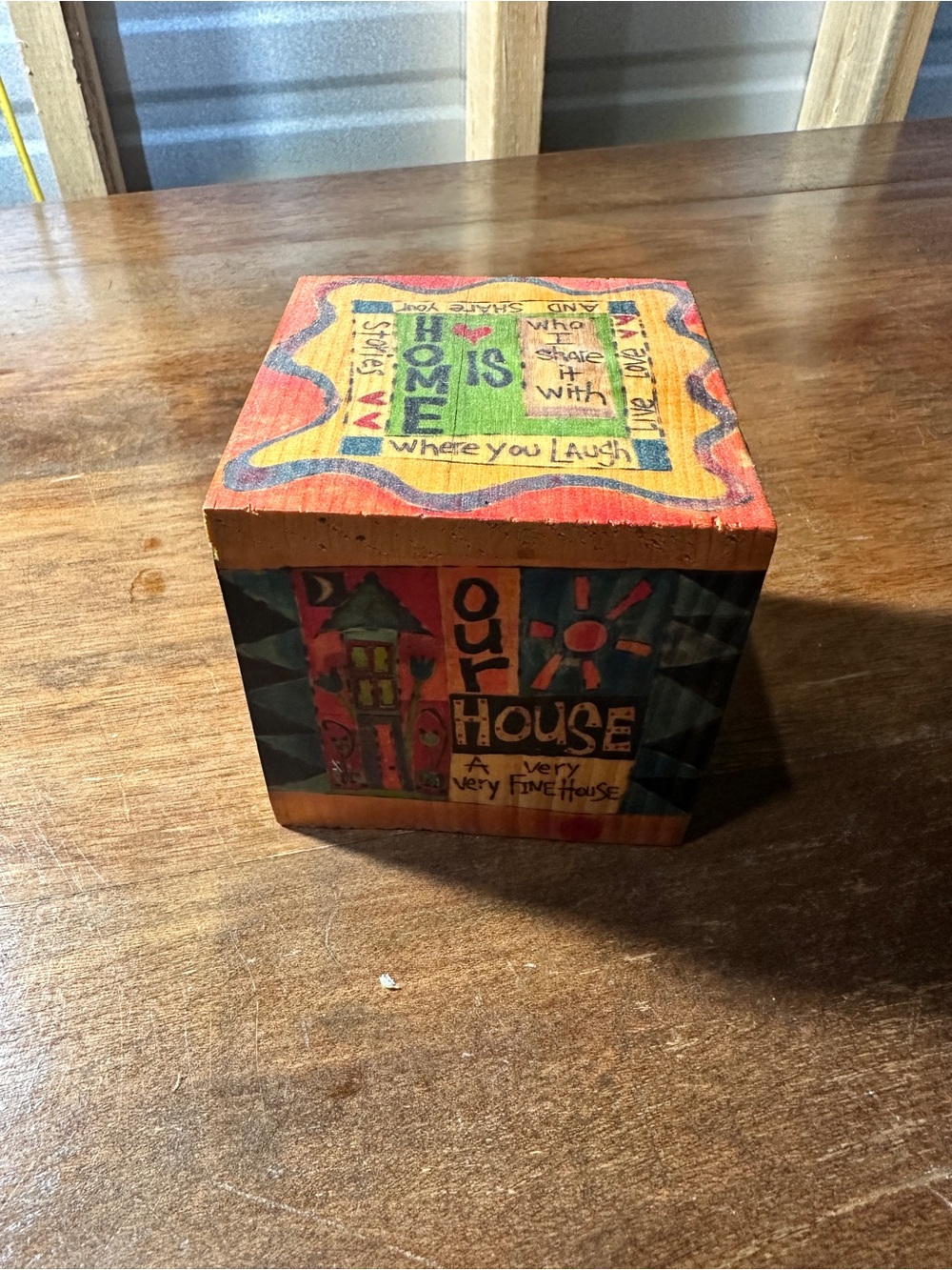 Hand Painted Folk Art Wooden Block Colorful Whimsical Home Decor